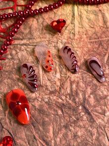 10片/套 女士按压式杏仁形美甲贴纸，手工酒红色美甲贴花，可重复使用亚克力亮面全覆盖假指甲套装，含指甲胶水和刷子，适合新年派对、情人节、日常佩戴或作为礼物 - 查看 6