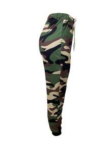 European & American Style Women's Fashion Casual Drawstring Side Pocket Camouflage Print Slim Fit Cropped Ankle Pants - Army Green - View 4