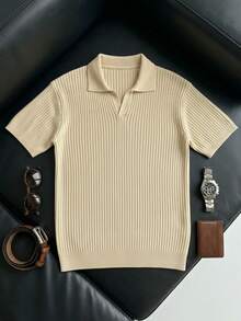 Men's Short Sleeve Knit Sweater, Casual Striped Polo Collar Pullover Knitwear Top, Spring/Autumn - Apricot - View 3