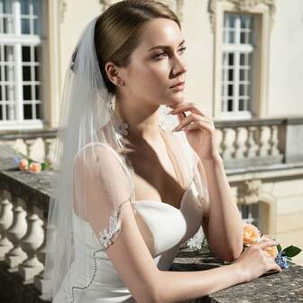 1pc Elegant Lace Trim Beaded Rhinestone Bridal Veil, Wedding Bride Accessory