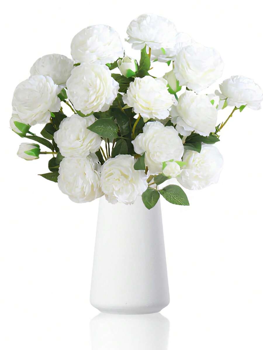 1pc White Peony Artificial Flower, Suitable For Home Decor, Room Decor, Gift, Vase Decor, Center Piece, Dining Table Decor - White - View 1
