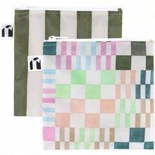 Bumkins Bolsas de aperitivos reutilizables para niños o bolsas escolares y para adultos tela lavable bolsa de tela con cierre apta para lavaplatos apto para alimentos sin BPA juego de 2 piezas - Bolsa de aperitivos 2 unidades+D2 Grn Stipe y Multi Check- - Ver 1
