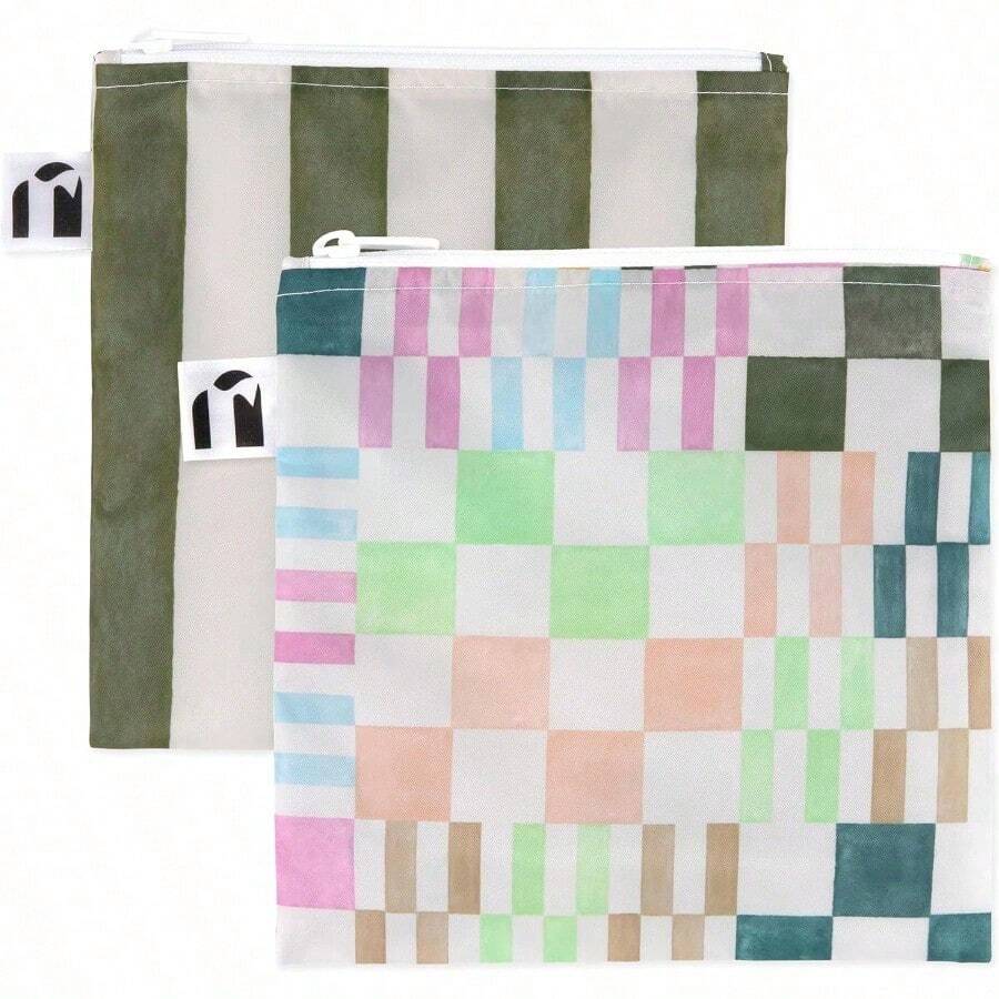 Bumkins Bolsas de aperitivos reutilizables para niños o bolsas escolares y para adultos tela lavable bolsa de tela con cierre apta para lavaplatos apto para alimentos sin BPA juego de 2 piezas - Bolsa de aperitivos 2 unidades+D2 Grn Stipe y Multi Check- - Ver 1