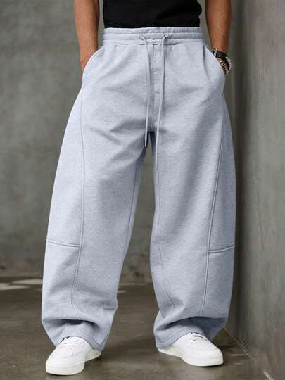 Men's Solid Color Drawstring Waist Pocket Casual Loose Sweatpants, Loose Fit Gray Sports Pants