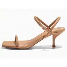 Coutgo Womens Strappy Kitten Heels Open Square Toe Sandals Buckle Ankle Strap Summer Dress Shoes - Lạc đà - Xem 2