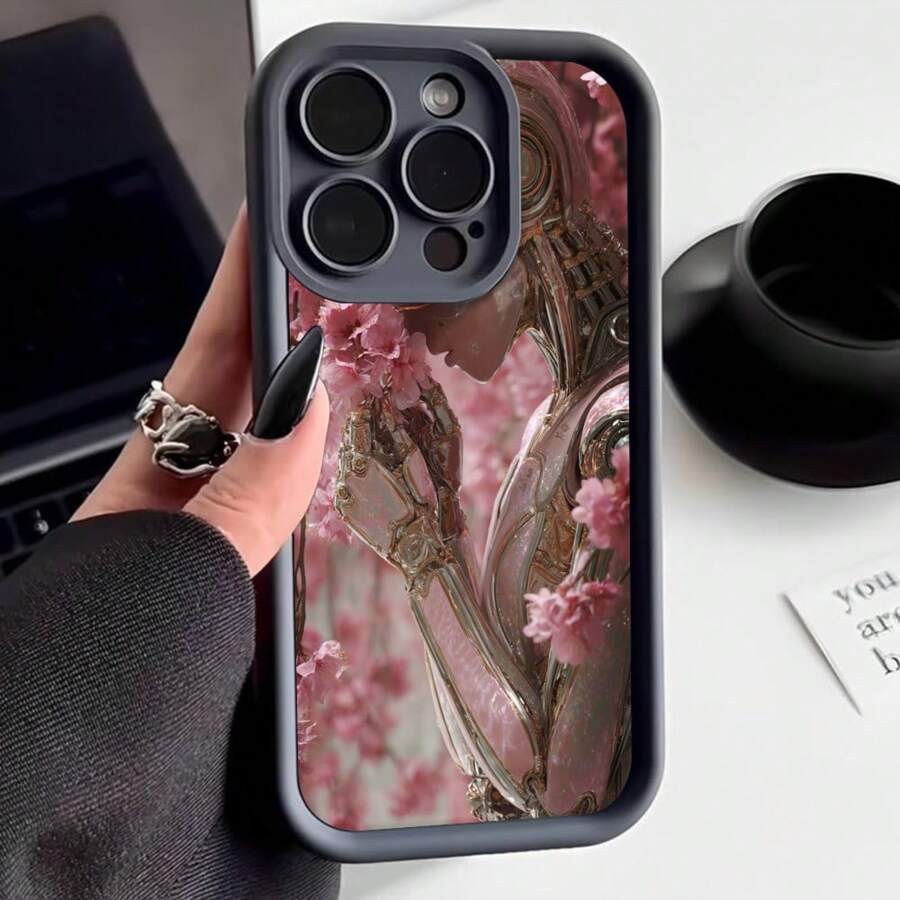 Cubierta de telefono con borde negro y diseño de flor de cerezo rosa y figura femenina estilizada para uso diario y trabajo - Blanco - Ver 1
