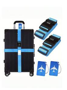 1 Set Cross Luggage Straps With Lock Adjustable Travel Suitcase Belts Suitcase Tags And Luggage Tag With Airplane Design For Suitcases Strap Travel Accessories,Adjustable Luggage Straps For Suitcases, Easy To Identify Travel Belt Connector Holds Suitcase Together, Extends Life Of Bag,Travel Luggage Strap Adjustable Suitcase Packing Belt With Combination Lock