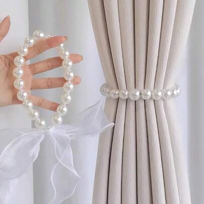 1pc Ribbon Faux Pearl Curtain Tieback ,French Style Pearl Bow Tie Curtain Tiebacks,Bow Decor Curtain Tieback,Gauze Ribbon Curtain Rope Curtain Holdback For Bedroom Living Room Home Decor