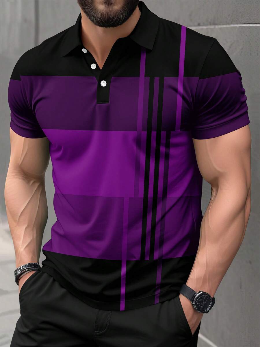 男士加大码商务休闲短袖条纹通勤 Polo 衫 - 紫色 - 查看 1