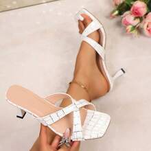 Sandalias de tacón alto con diseño cruzado elegante, de moda y cómodas de estilo retro para mujer, para el verano - Blanco - Ver 7