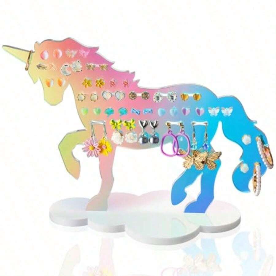 NiHome Organizador de aretes de unicornio acrilico iridiscente soporte de unicornio de color arco iris en base de nube blanca para pernos y ganchos soporte de joyeria decorativo y funcional con 34 - como en la foto - Ver 1