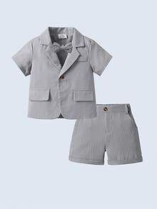 BOARNSEORL 2pcs Young Boys Gentleman Suit - Gray Short Sleeve Blazer With Bow Tie And Gray Shorts, Fashionable, Suitable For Birthday Party, Formal Event, Wedding, Versatile - Grey - View 2