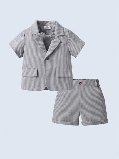 BOARNSEORL 2pcs Young Boys Gentleman Suit - Gray Short Sleeve Blazer With Bow Tie And Gray Shorts, Fashionable, Suitable For Birthday Party, Formal Event, Wedding, Versatile