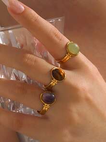 1 Stück minimalistische geometrische ovale Ring aus Edelstahl mit Tigerauge/Grünem Achat/Lila Quarz, geeignet für den täglichen Gebrauch von Frauen, Geschenk für Feiertage - Verschiedenfarbig - Übersicht 1