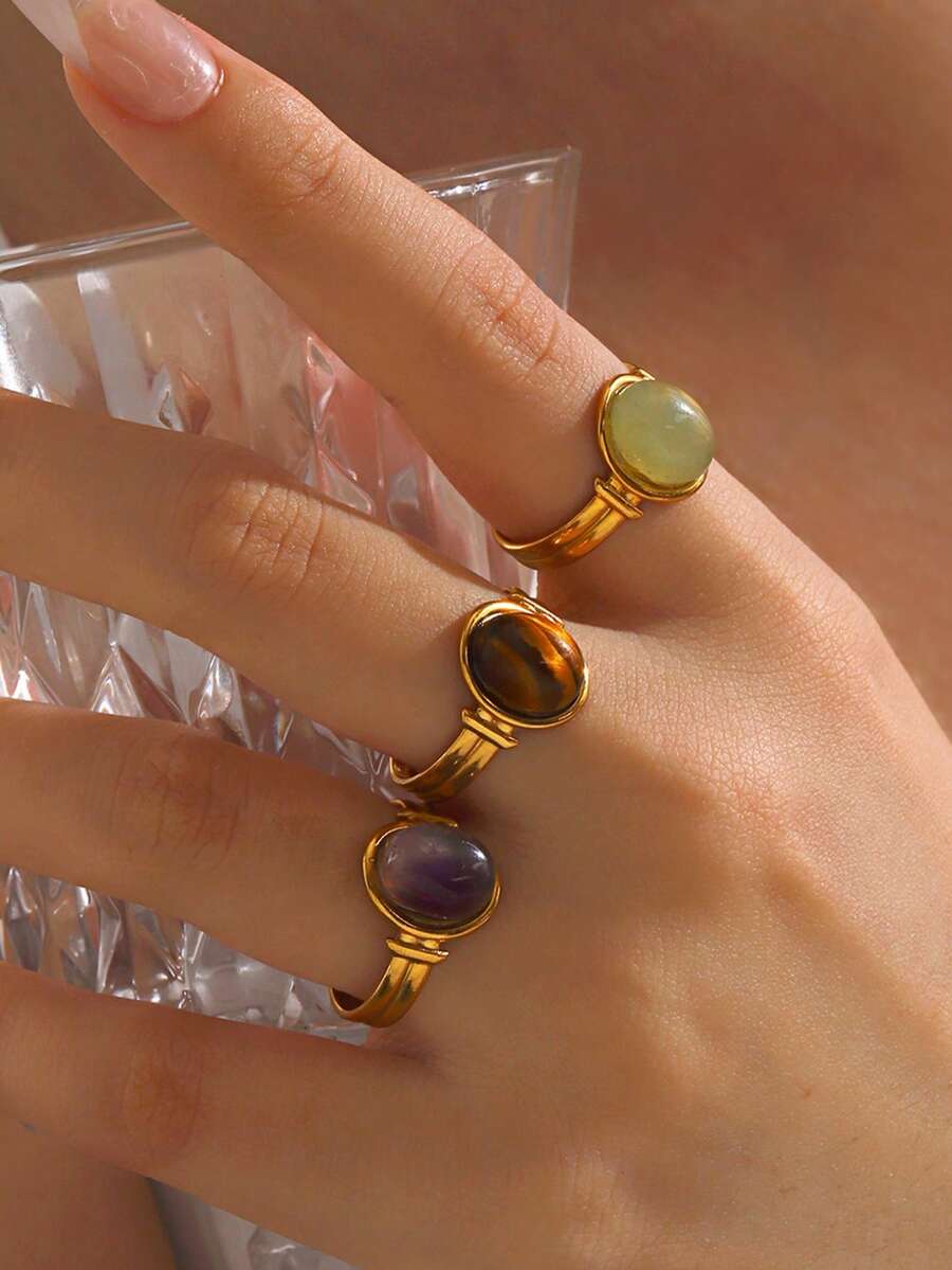1 Stück minimalistische geometrische ovale Ring aus Edelstahl mit Tigerauge/Grünem Achat/Lila Quarz, geeignet für den täglichen Gebrauch von Frauen, Geschenk für Feiertage - Verschiedenfarbig - Übersicht 1
