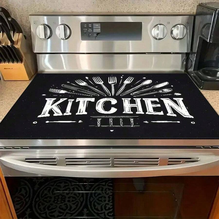 1 buc. Covoraș plat pentru aragaz, cu cuțit, furculiță, lingură, imprimare grafică text, ușor de curățat, nu necesită lipici, potrivit pentru electrocasnice de bucătărie, decorațiuni de sărbători, accesorii sezoniere pentru casă, lavabil, decor interior - HL LZD12 - Vizualizare 1