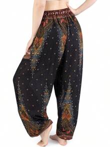 Women's Harem Pants - Boho Elephant High-Waisted Hippie Pants With Pockets Yoga, 2025 Style FWN8 - 深藍色孔雀花 - 查看 3