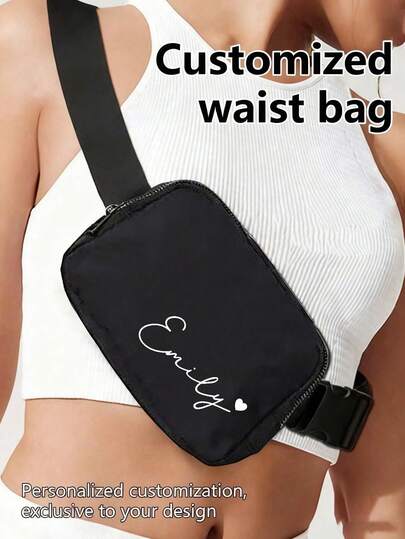 Bolsa de cintura preta personalizada com estampa de corações, ideal para mulheres solteiras. Bolsa de cintura personalizável, bolsa de cintura sob medida, bolsa de cinto personalizável, presente de aniversário, presente de Dia dos Namorados, presente de casamento, presente de Dia das Mães, presente para melhor amiga, presente para mãe/namorada/esposa/amiga.