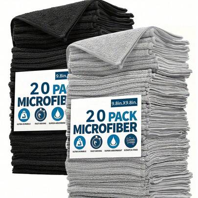 Bộ 20 khăn lau bếp, khăn lau bằng sợi microfiber màu đen và xám nhạt, thấm hút tốt, mềm mại, có khả năng tẩy vết bẩn, dùng để lau kính, bàn bếp, nồi, bát, vòi nước, máy hút mùi, khăn lau xe hơi, nhà bếp, phòng tắm, nhà cửa, đồ dùng gia đình.