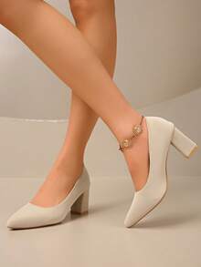 Women's Chunky Heel Pumps, Beige, Minimalist Design, Versatile, Suitable For Teenagers, Spring/Autumn - Beige - View 3