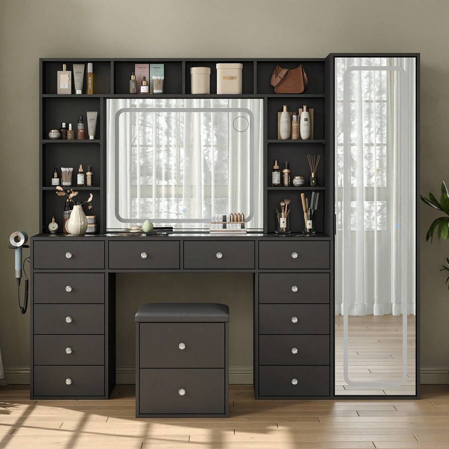 FUSOU Vanity Desk Full Length Mirror & LED Mirror With Power Outlet, Makeup Vanity 14 Drawers & 10 Shelves, Hidden Storage Capacity, Dimmable & 3 Color Lighting Dressing Table For Bedroom, White - View 1