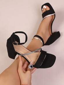 新款仙女风水钻装饰粗跟绑带高跟凉鞋，女士春夏款 - 黑色 - 查看 1