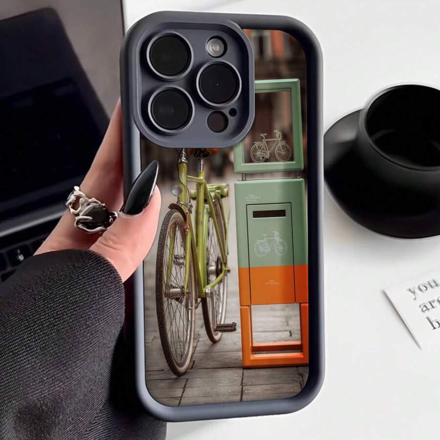 Cubierta de telefono con borde protector color gris oscuro con estampado de bicicleta amarilla y caseta de almacenamiento verde naranja para uso diario y estilo urbano - Negro - Ver 1