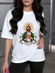 Figure Of Tadeo Holding A Golden Medal, Symbol Of Hope And Faith, In A Green Cloak With A Radiant Halo. Women's T-Shirt, 100% Soft And Comfortable Cotton. - 白色 - 查看 1