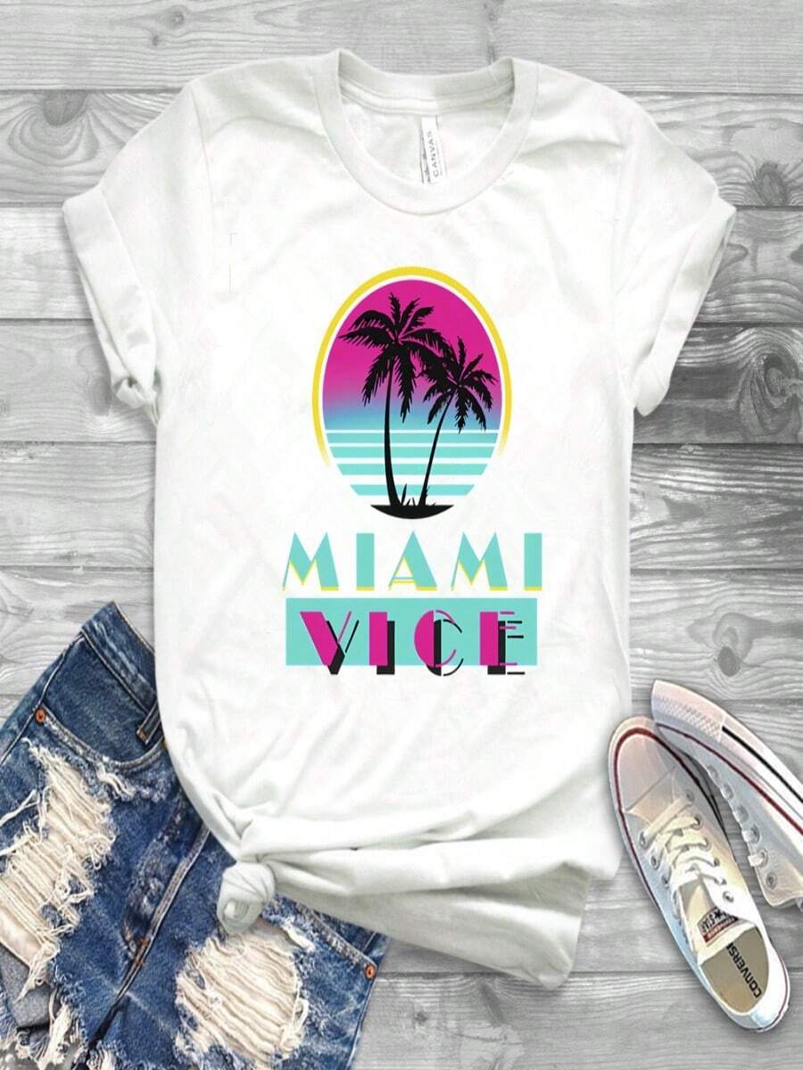 2025 Miami Vice TV Series T-Shirt Miami Vice Archers Retro Vintage Neon 80s Retrowave Synthwave T-Shirt - 白色 - 查看 1