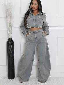 HERTALK Women's Denim Two-Piece Set: High-Waisted, Loose-Fitting Straight-Leg Pants, And A Cropped Denim Jacket With Frayed Edges Denim Two Piece Set - Grey - View 4