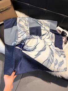 1条优雅花卉线条印花70厘米方巾，适合休闲和街头服饰，可作头巾、发带、户外防晒装饰，完美打造各种造型。 - 藏蓝色 - 查看 2