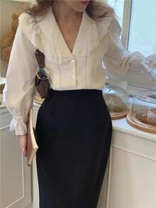 女士休闲复古衬衫，翻领灯笼袖宽松上衣，纯色梭织面料，前襟纽扣开合，优雅百搭，适合办公室、日常穿着，春夏白色 - 白色 - 查看 6