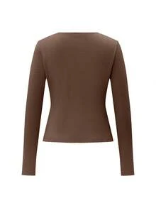 Live To Mo Fall Women Clothes Olive Green Long-Sleeve Cardigan With Button Embellishments - Business Casual Woman For Office & Daily Wear - Brown - View 4