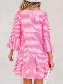 Acelitt 女士优雅宽松迷你连衣裙，层叠荷叶边撞色条纹喇叭袖，春秋季 - 粉色 - 查看 2
