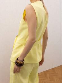 2pcs Elegant Outfit Set, Women Sleeveless V-Neck Tie Waistcoat Top And Loose Pocket Wide Leg Pants Set