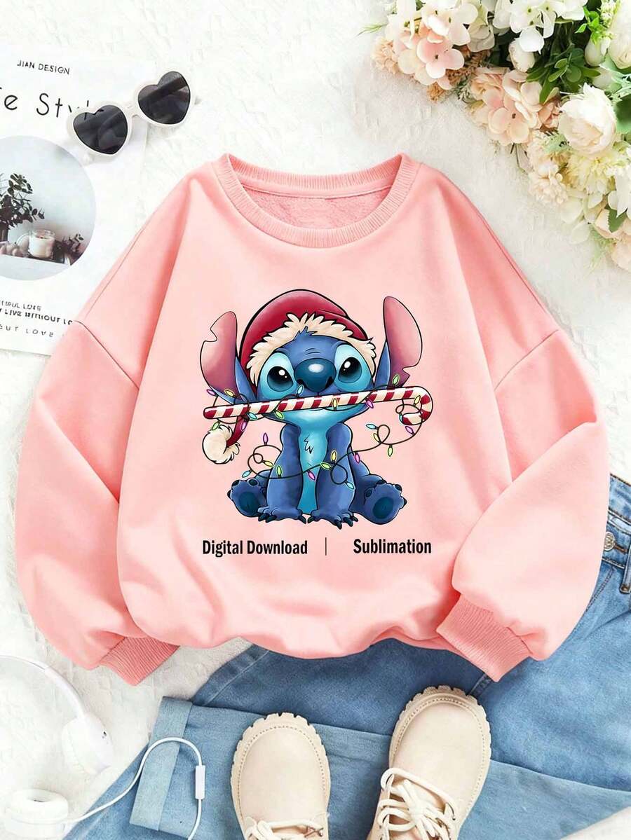 Disney Stitch Christmas-Themed Print, Fall/Winter Children's Crewneck Sweatshirt, Perfect For Girls' Everyday Playwear. Long-Sleeved Top, Ideal As A Christmas Gift. - 粉色 - 查看 1