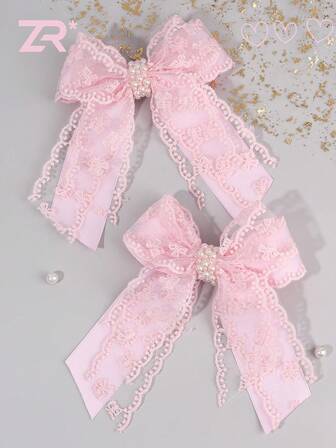 2 pezzi Fermagli per capelli con fiocco e perla rosa, adatti per ragazze e adolescenti, fermagli per capelli con fiocco in pizzo rosa con code e clip a coccodrillo, dolci e carini, accessori per capelli per vacanze, accessori per capelli da donna, accessori per capelli per San Valentino, fermagli, fermagli per capelli, accessori per capelli San Valentino regalo