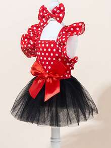 Christmas Pet Costume - Red & Polka Dot Tulle Dress With Puffy Sleeves, Button Closure, Elegant Holiday Outfit For Small Dogs & Cats Adorable Red Dog Dress With Breathable Tulle Skirt - Easy-Pull Head Design For Spring Summer Outfits, Puppy Party Costume For Small Medium Large Dogs - 黑紅 - 查看 5