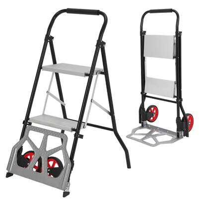Carro de aleación de aluminio 2 en 1 y escalera de 2 escalones, capacidad de 220 libras, carretilla de mano plegable para un fácil almacenamiento, carrito de muñecas con ruedas para manejo de