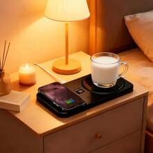 1个全新恒温保温杯垫，二合一加热无线充电功能，智能咖啡杯，可为手机、耳机、手表等设备无线充电，适用于办公室、家庭、礼品、生日、圣诞节等场合。