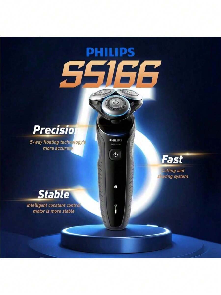 PHILIPS 飞利浦 5000 系列 S5166/03 男士旋转剃须刀，黑色，高效剃须刀片，带图标的 LED 显示屏，干湿两用，360 度旋转，一键式按钮，智能感应胡须密度 - 黑色 - 查看 1