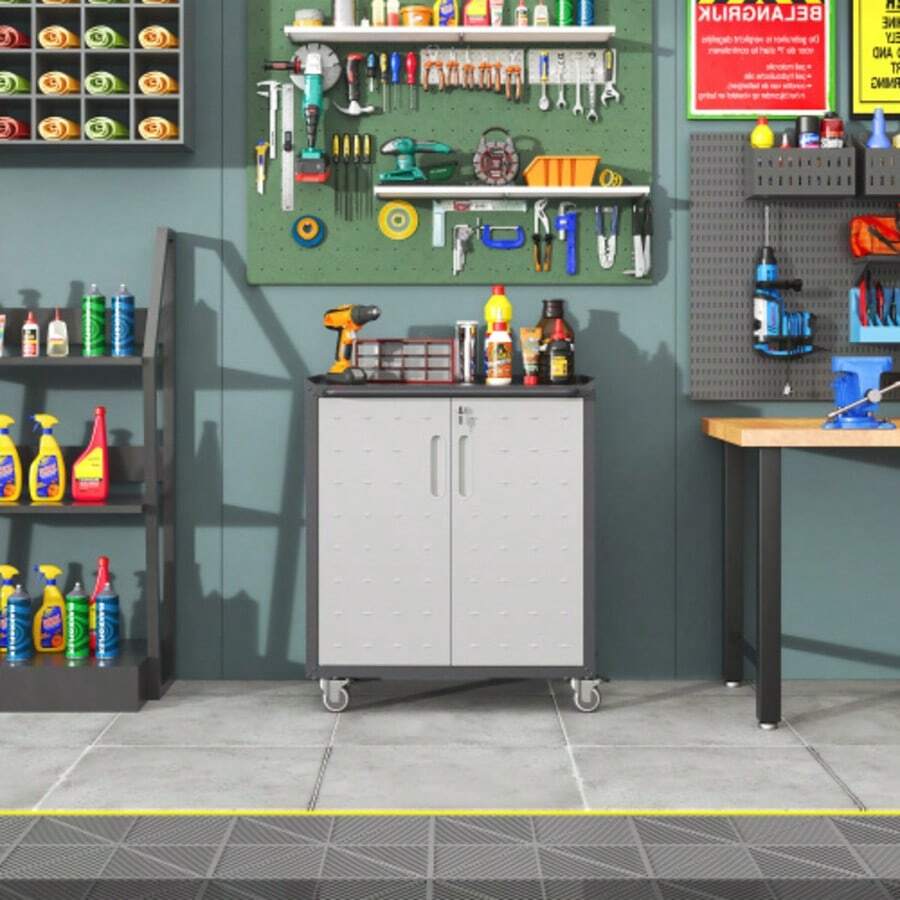 Heavy-Duty Metall-Garagen-Schrank mit Rollen – robuster Werkzeug-Stauraum, 75 * 42 * 88 cm, per garage, ufficio e casa - Nero + Grigio - Visualizzare 1