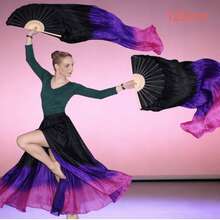 1对（左+右）女士人造丝肚皮舞扇面纱，长度180厘米，肚皮舞仿扇，折叠扇，加长扇，舞蹈长竹制人造丝扇 - 黑紫紅漸變 - 查看 8