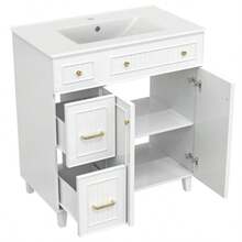 Bathroom Vanity Unit With 81.7 Cm Sink - Freestanding Bathroom Vanity Unit With Ceramic Sink, Lacquered Surface, Multifunctional Storage Space And Solid Wood Legs In A Modern And Luxurious Design - White
