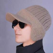 Men's Ear Protection Knit Hat, Outdoor Cycling Warm Thermal Lined Windproof Ear Muff Beanie Cap, Faux Cashmere
