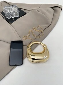 时尚金属色圆形晚宴包，圆环新月形派对手提包，女士多功能肩背斜挎手拿包 - 金色 - 查看 6