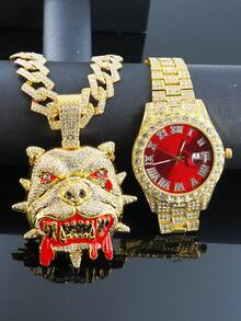 1 Set Bulldog Pendant Rhombus Cuban Chain Necklace & Bracelet, Men's Red Watch, Fashionable & Cool Men Accessories