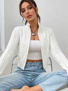 Jersey de punto con cremallera corta para mujer Nuevas prendas de punto para mujer: estilo europeo y americano. Primavera/otoño. Cárdigan corto de cuello alto con cremallera y manga larga de punto trenzado. Cárdigan corto de punto con cremallera para mujer. Otoño/invierno. Nueva chaqueta mini versátil con cremallera de estilo coreano. - Blanco - Ver 7