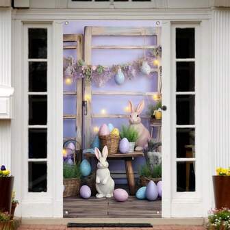 Påsk vårkanin, färgglada ägg och grönt gräs bakgrund för trädgårdsentré, kanin påskäggjaktsspeltillbehör, påskfestdörrdekor