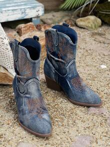 Chunky Heel Denim Mid-Calf Boots - Embroidered Pattern Boots For Retro Outfits  Western    Grommet Eyelet    Holiday - Màu xanh hải quân - Xem 5